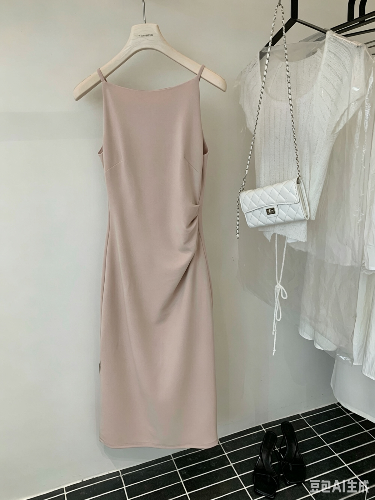 Light pink sleeveless dress hanging on a hanger
