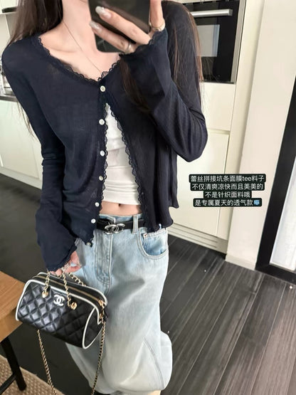 Model wearing black lace spliced soft sunscreen cardigan