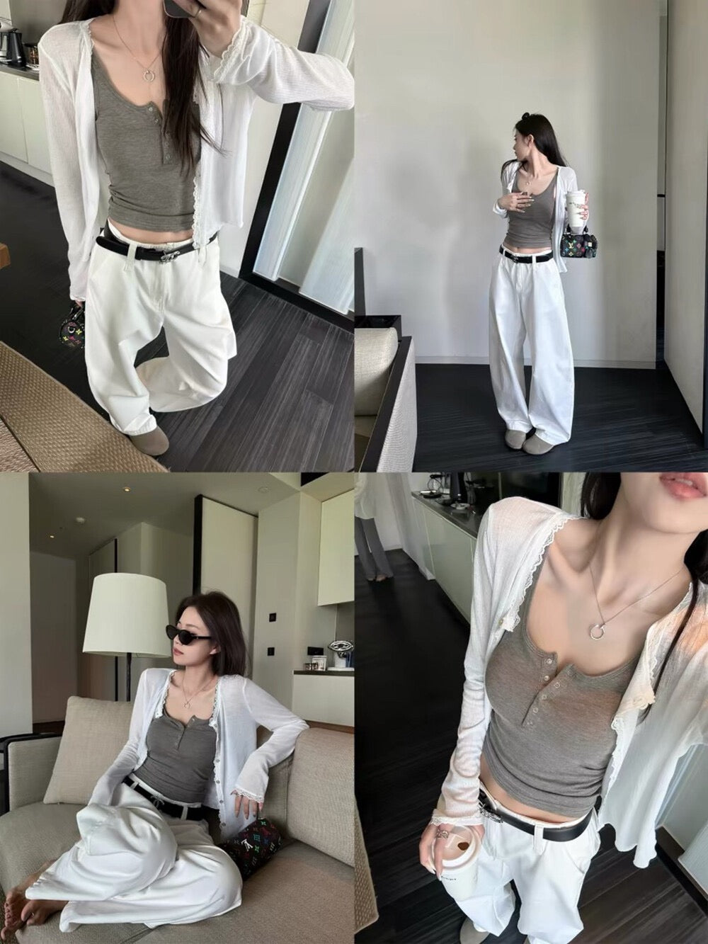 Model wearing white lace spliced soft sunscreen cardigan