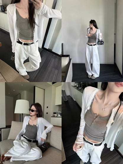 Model wearing white lace spliced soft sunscreen cardigan