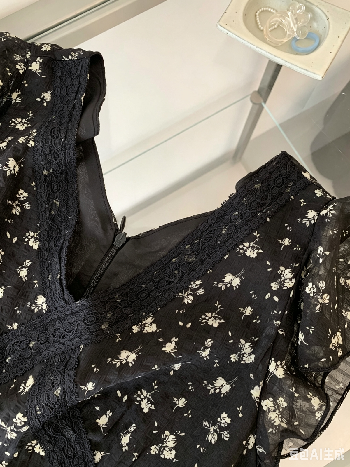 Close-up of the v-neckline and lace trim on a black floral dress