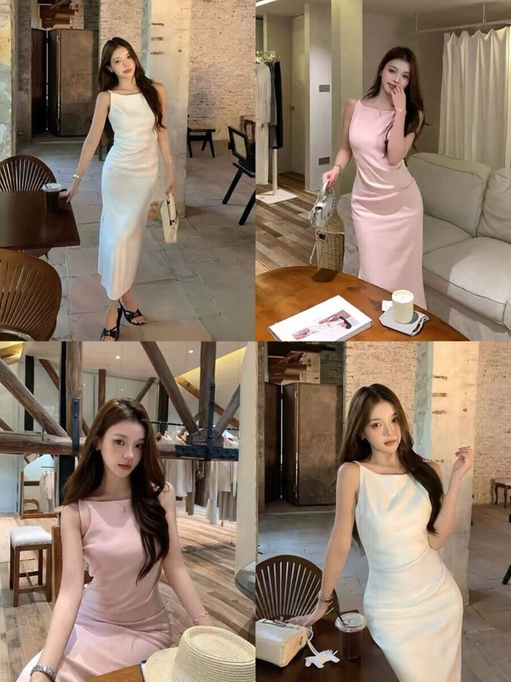 Collage of model wearing white and light pink sleeveless dresses