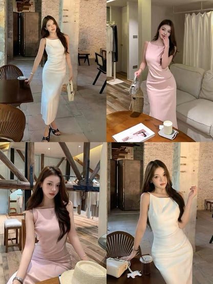 Collage of model wearing white and light pink sleeveless dresses