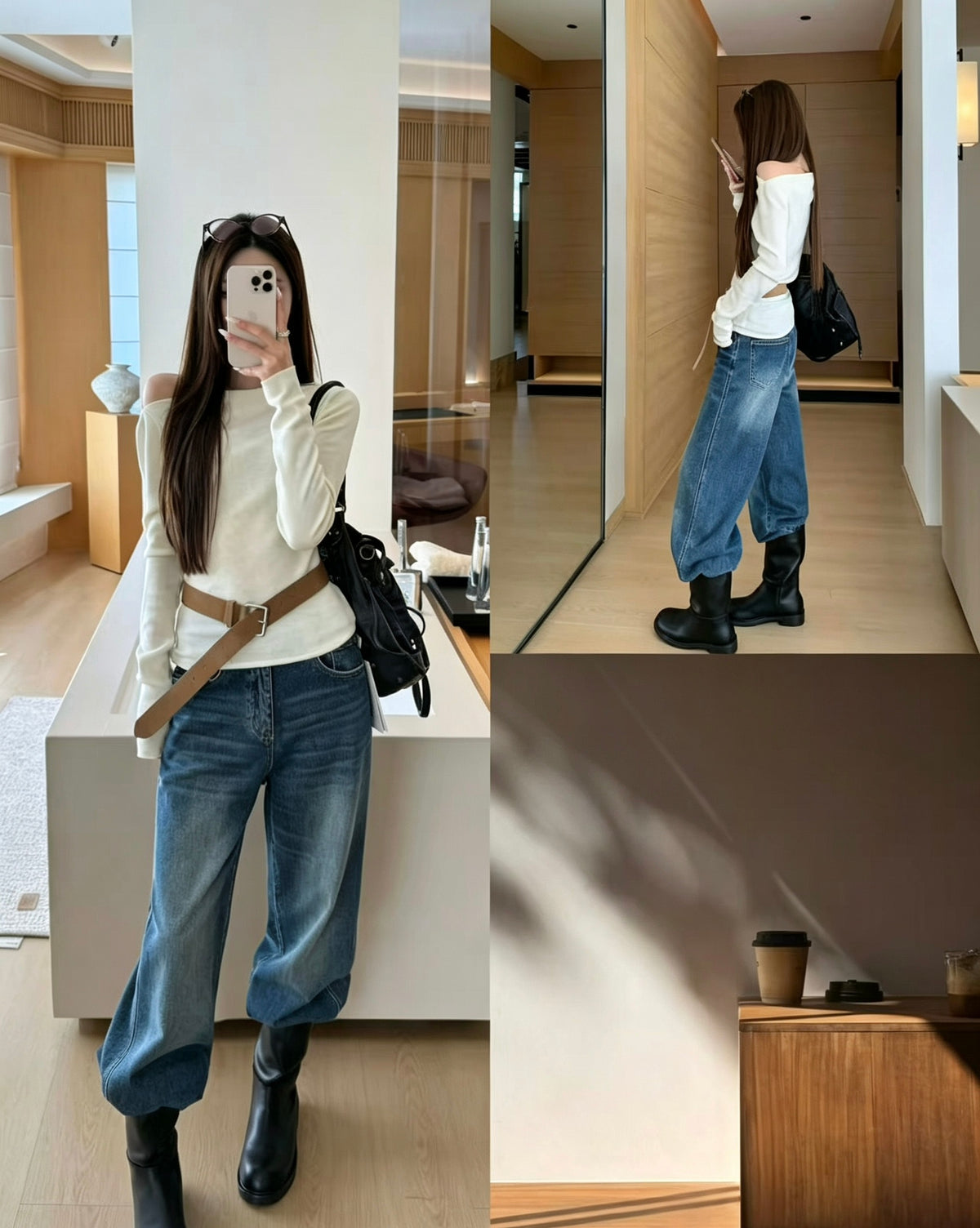 Model wearing light blue straight jeans