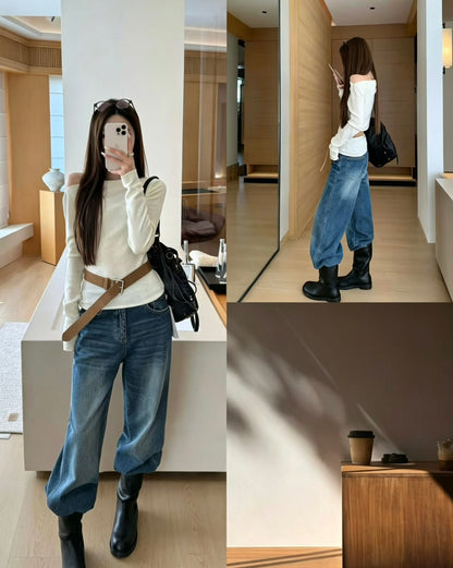 Model wearing light blue straight jeans