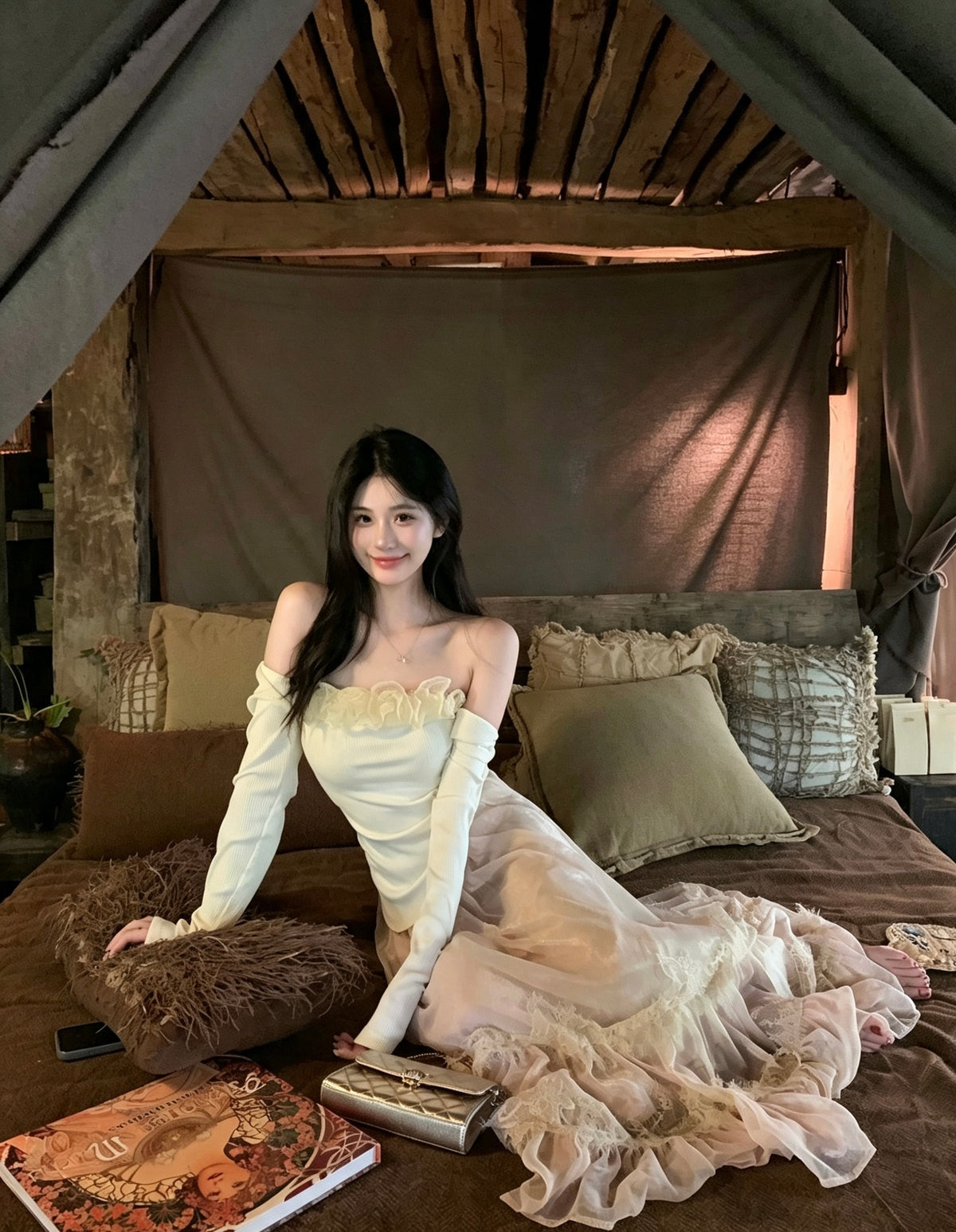 Model sitting wearing apricot lace skirt