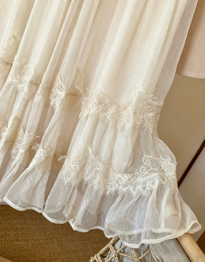 Close-up of shimmering tulle fabric with lace trim