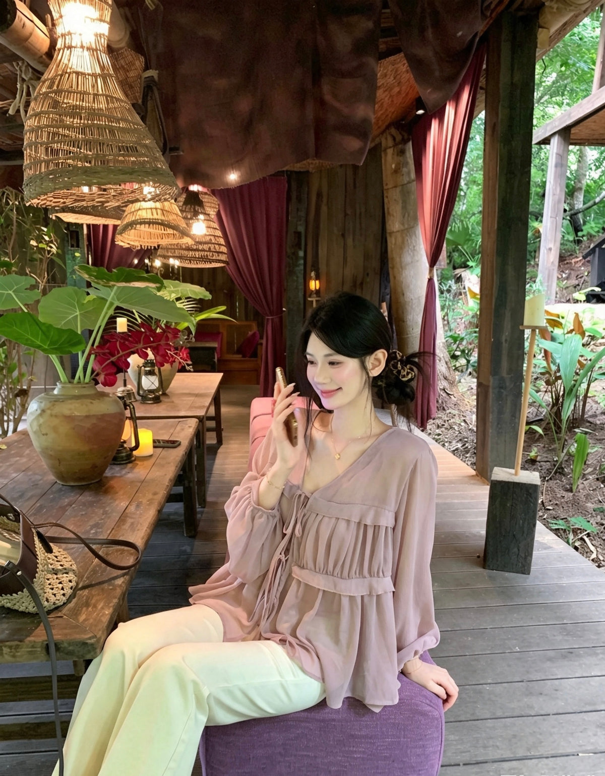 模特兒穿著深粉色韓系燈籠袖小荷葉邊褶皺V領小衫吊帶背心兩件套