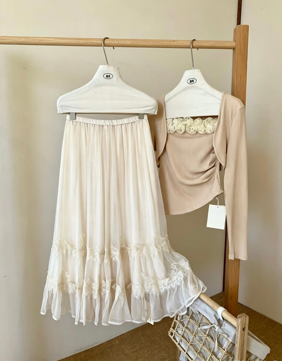 Apricot tulle skirt hanging on rack