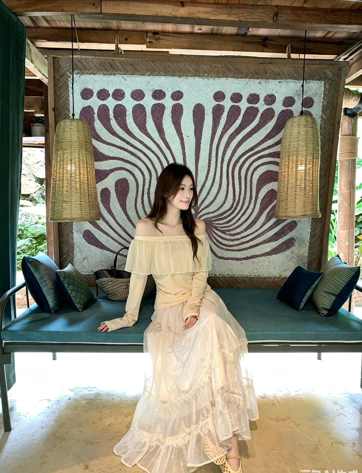 Model sitting wearing apricot sheer lace skirt