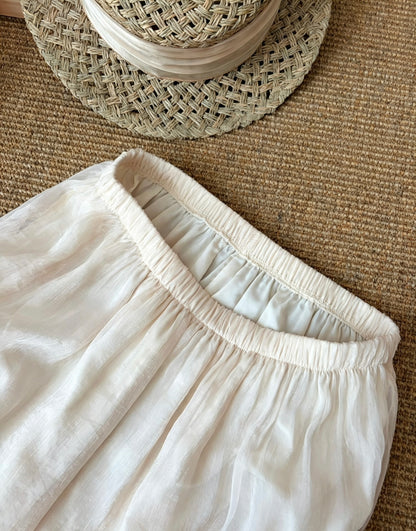 Close-up of the elastic waistband on the apricot mesh skirt