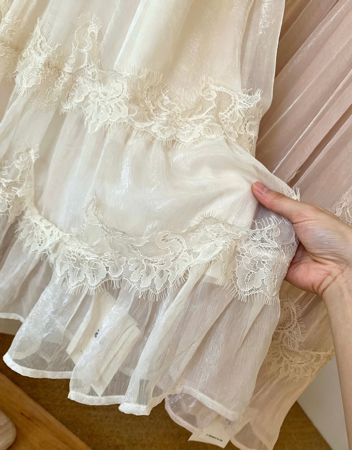 Close-up of lace trim on tulle skirt
