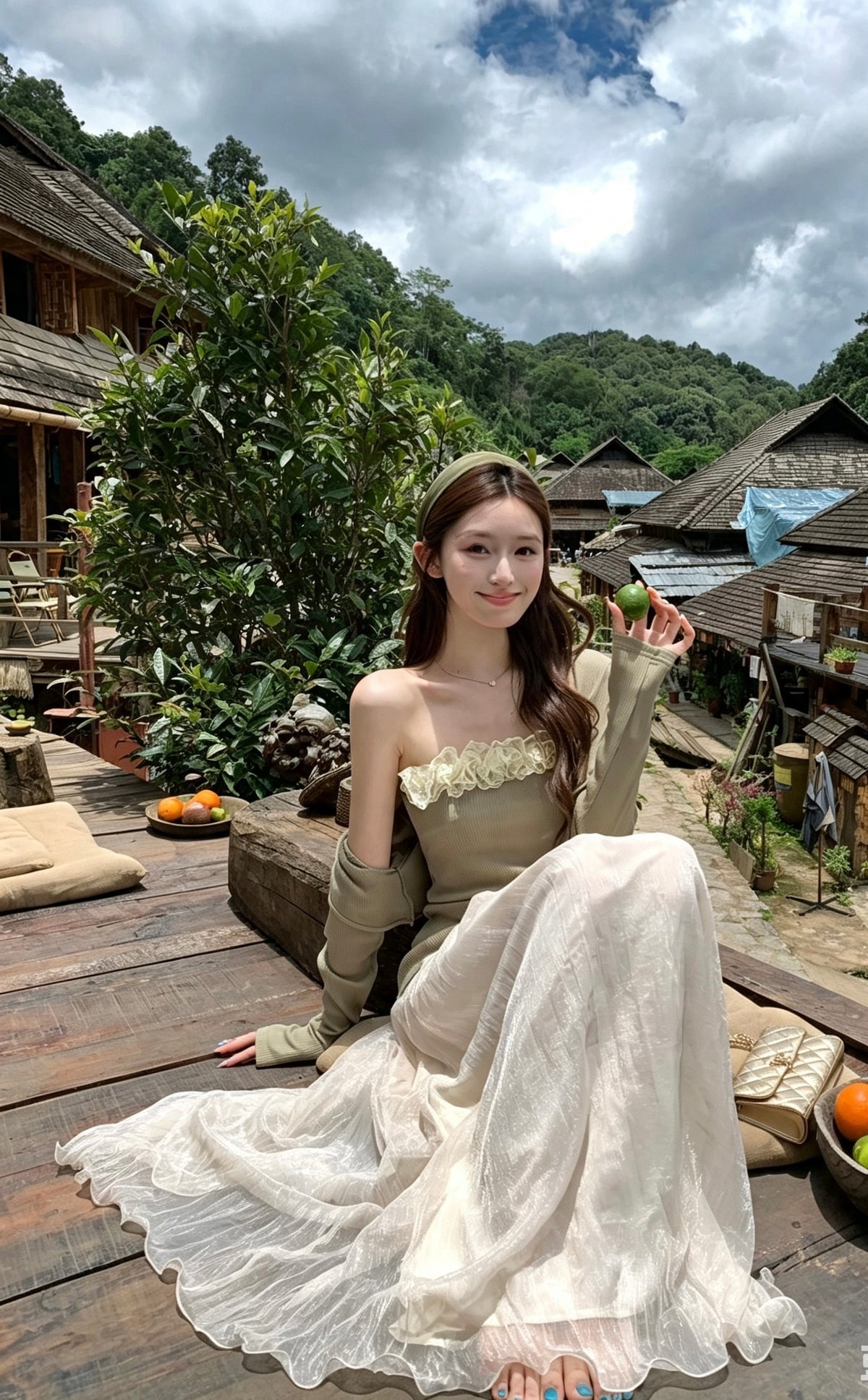 Model sitting on a wooden deck wearing the apricot mesh skirt