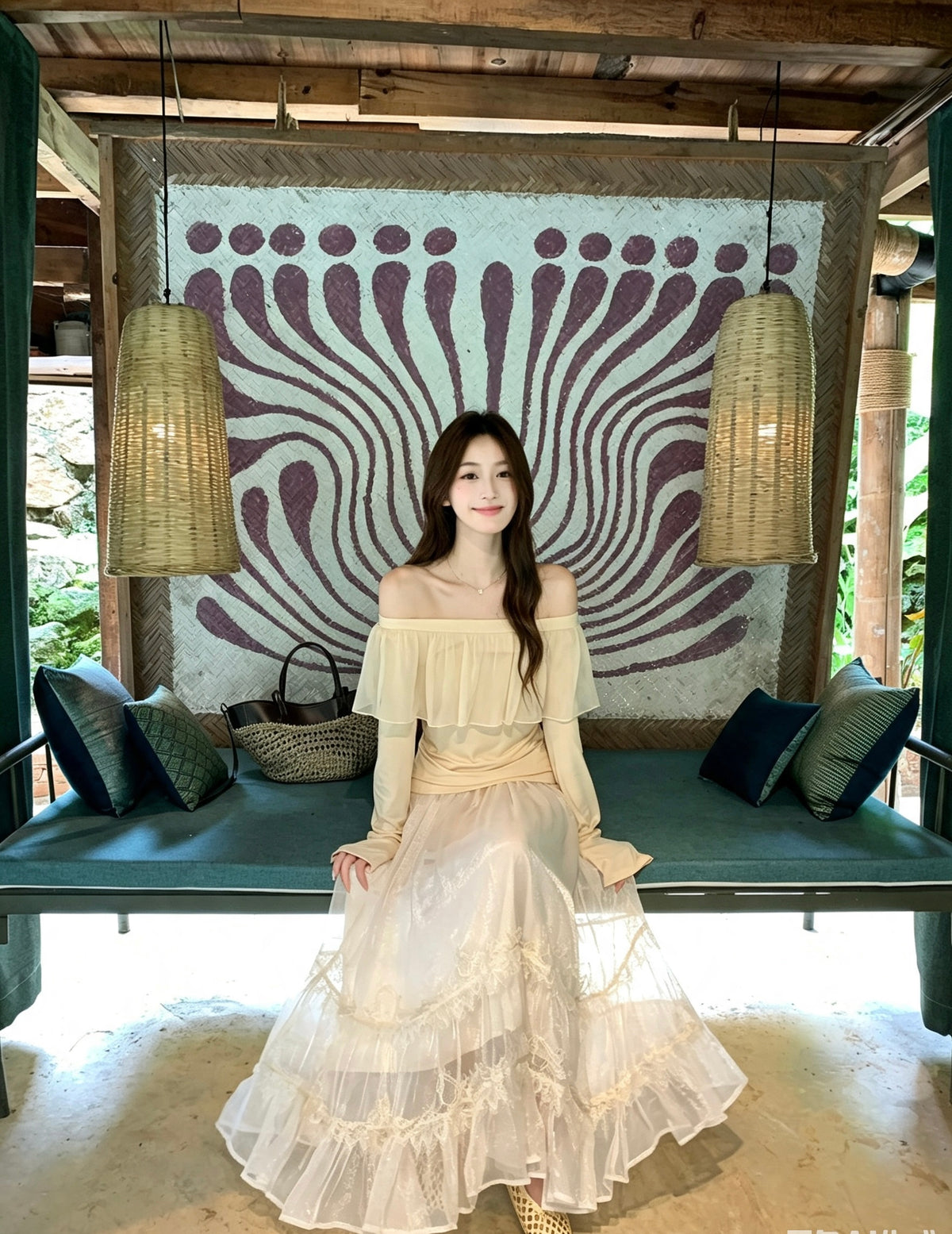 Woman sitting wearing apricot tulle skirt