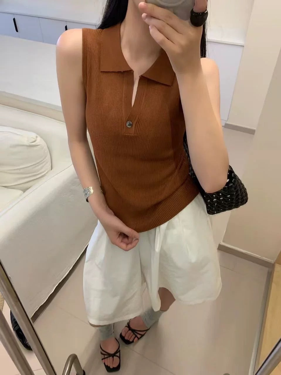 法式一粒扣POLO翻領坑條針織無袖背心