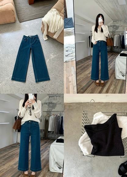 Collage showing flat lay and model wearing dark blue wide-leg jeans