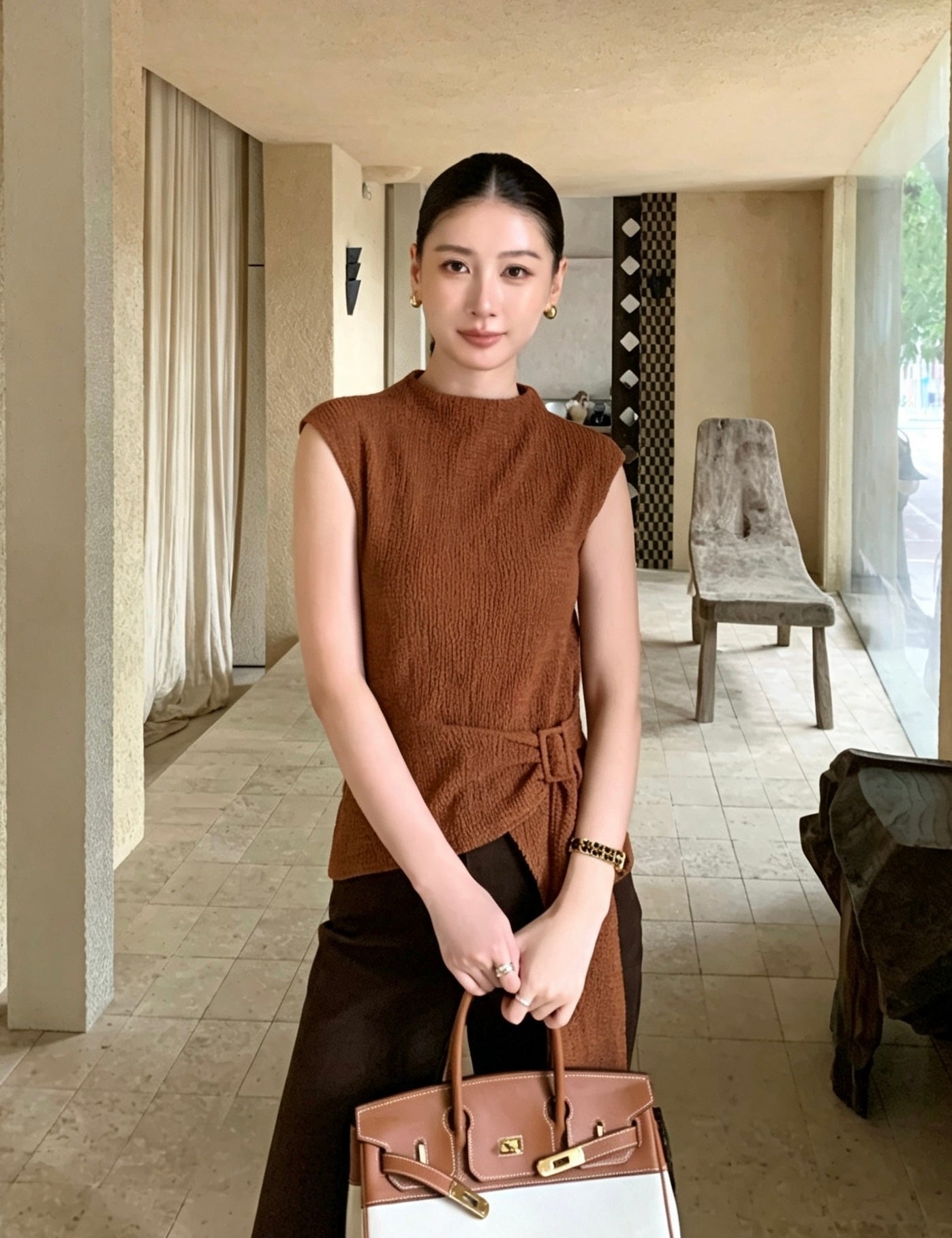 Coffee mock neck textured side-tie top