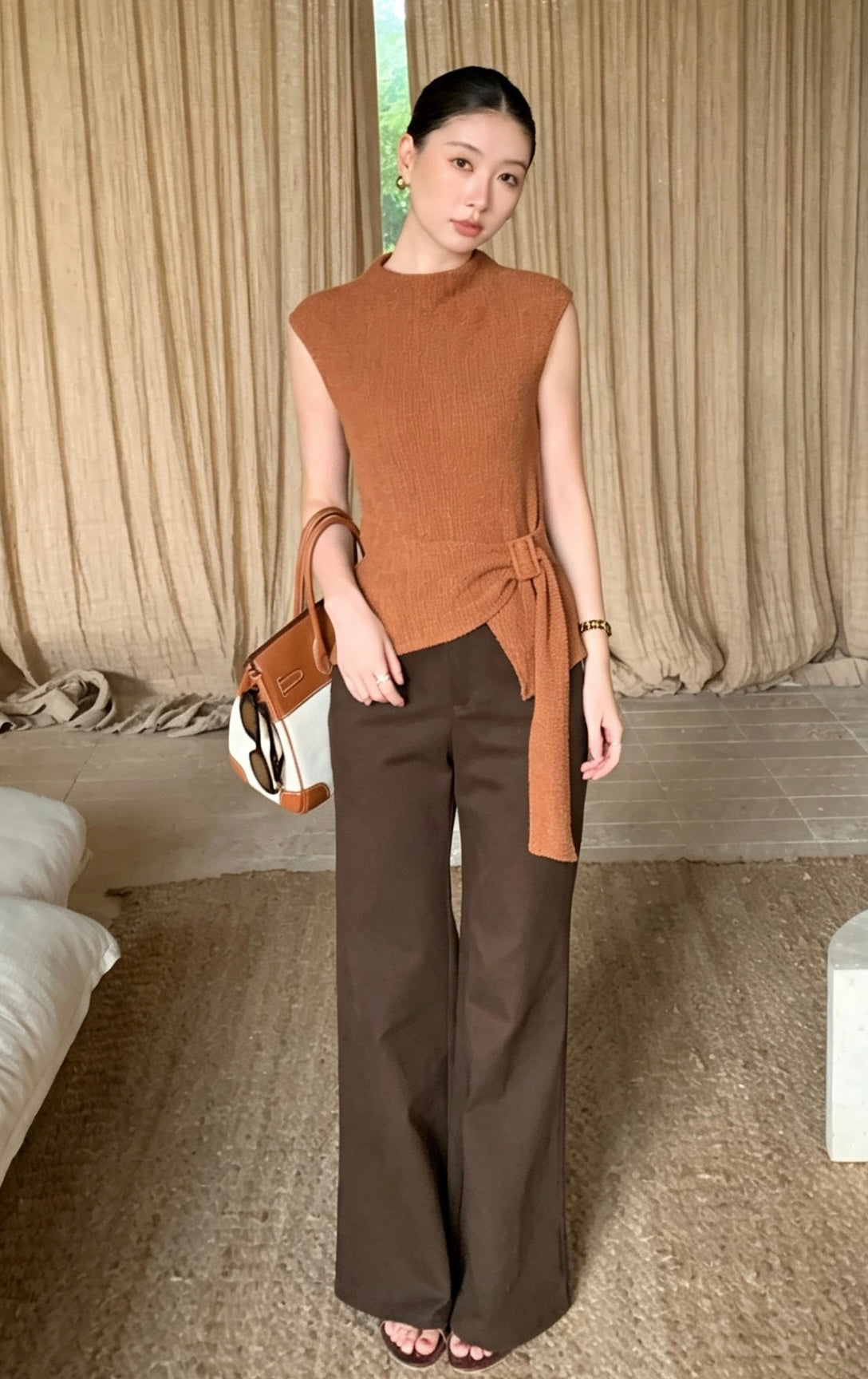 Coffee textured sleeveless top with side tie