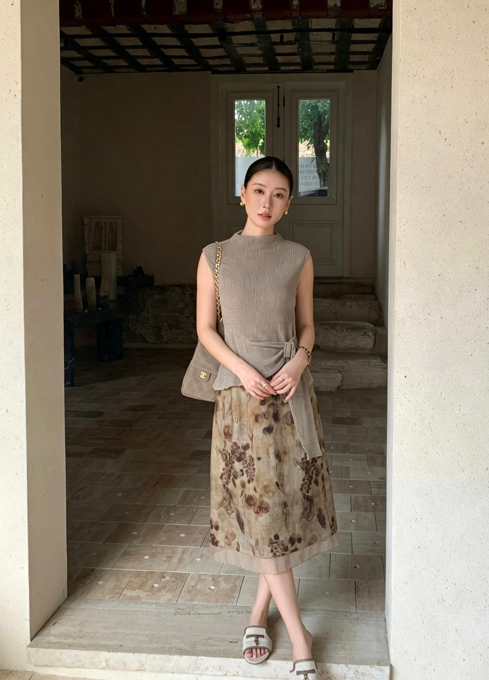 Apricot mock neck textured side-tie top