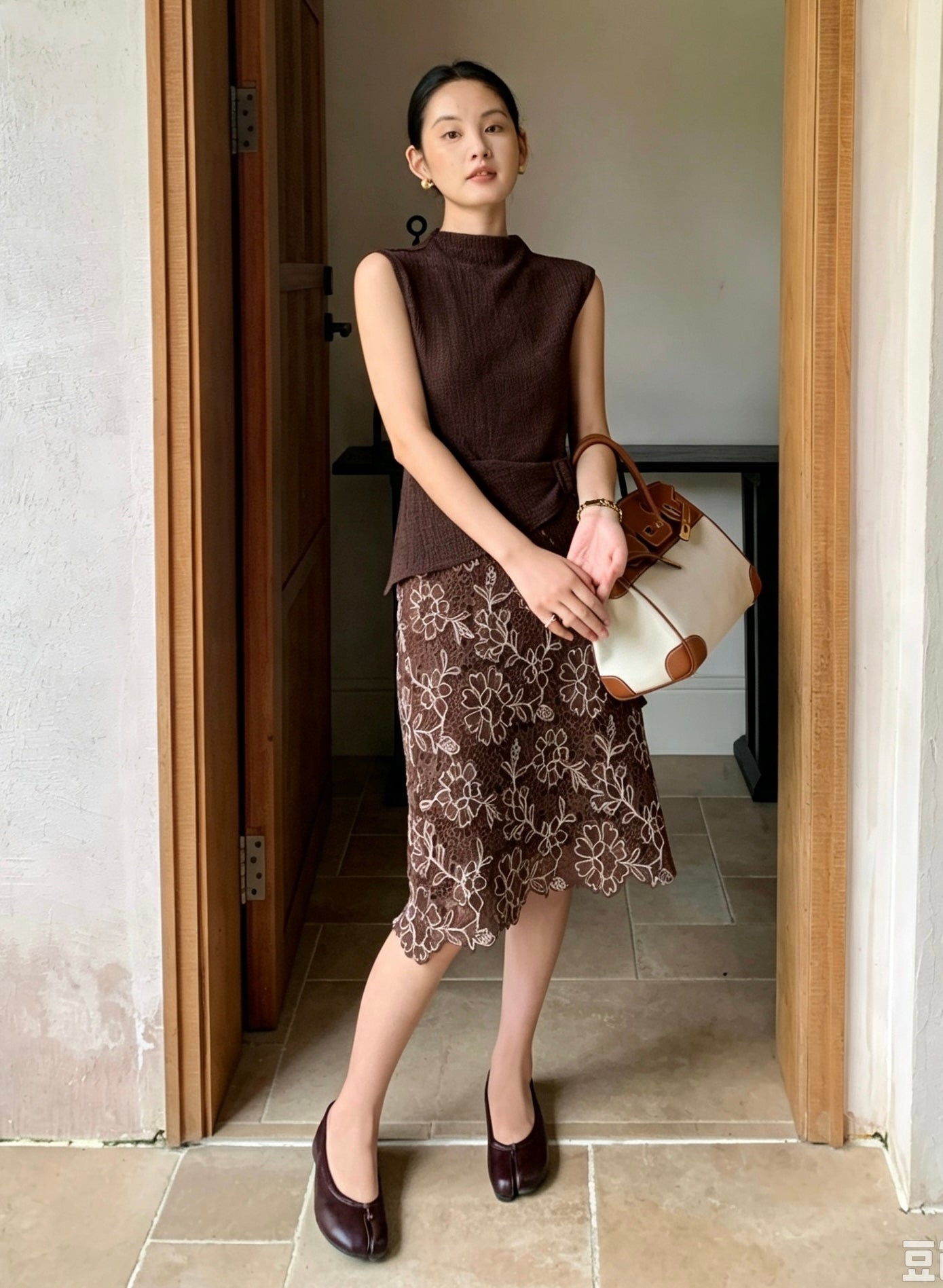 Coffee mock neck top with side tie detail