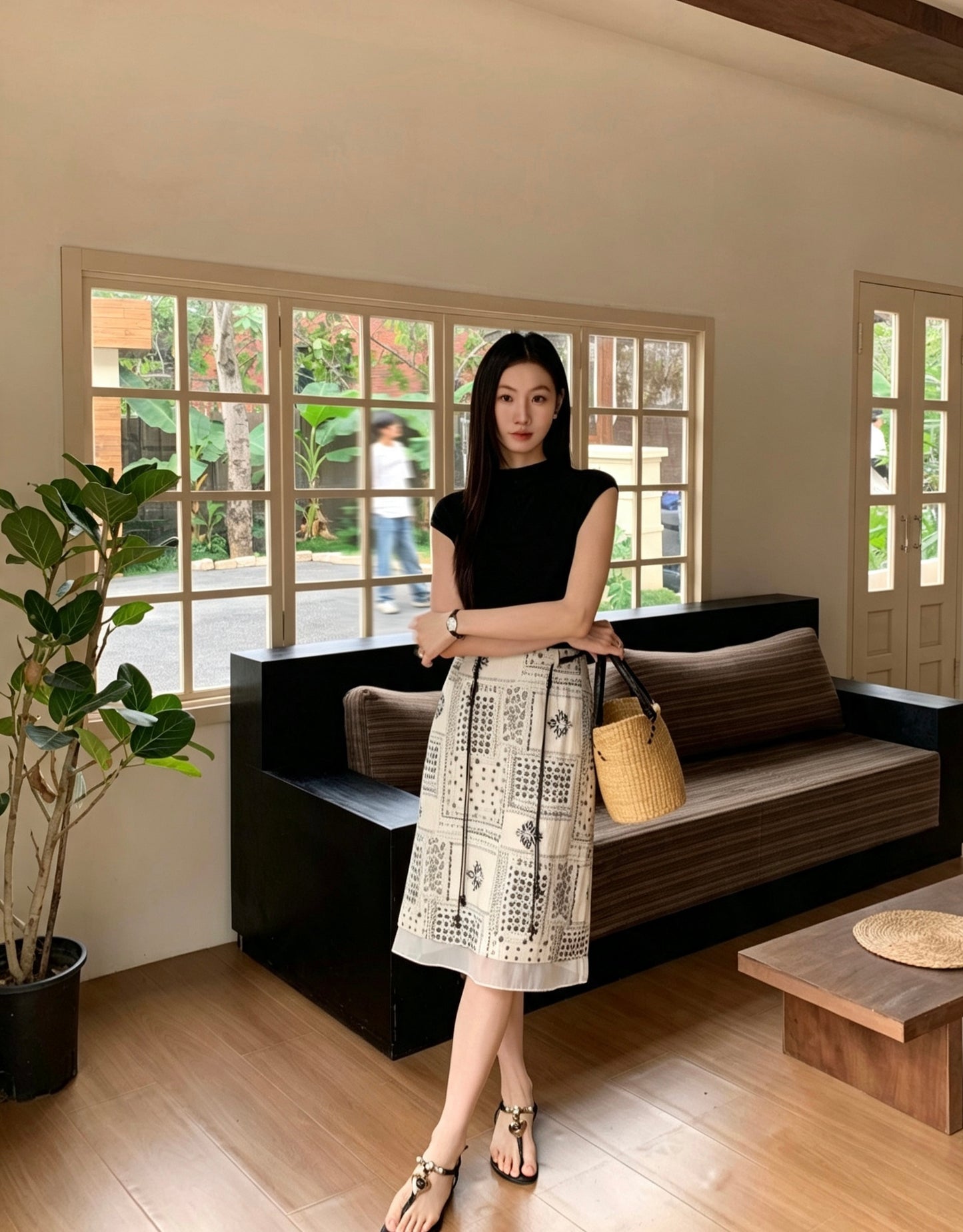 Model showcasing an elegant apricot patterned midi skirt