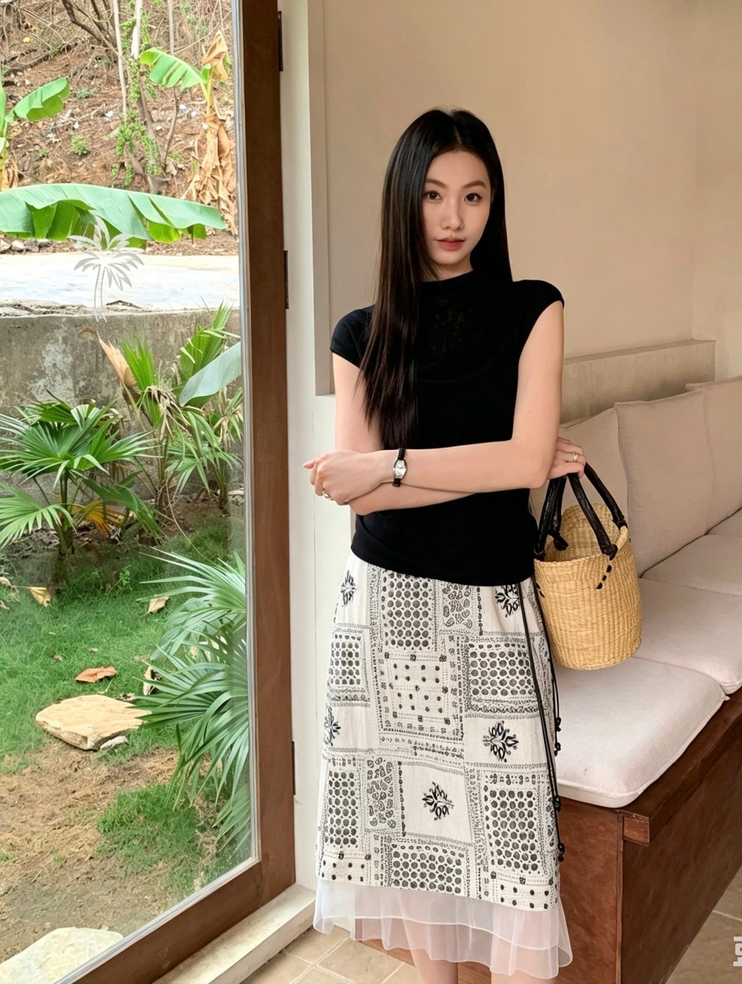 Model standing indoors wearing a French style patterned midi skirt