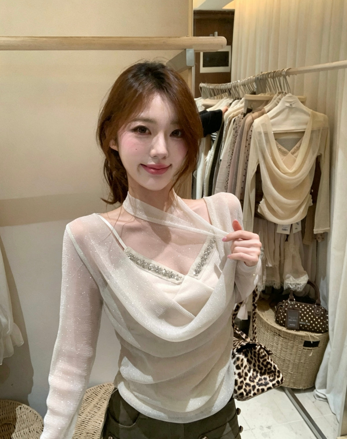 珠光燙鑽盪領假兩件小衫