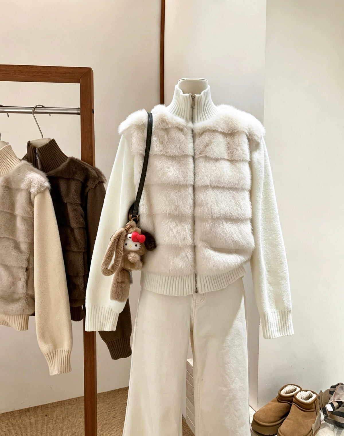 Mannequin wearing apricot faux fur knit jacket