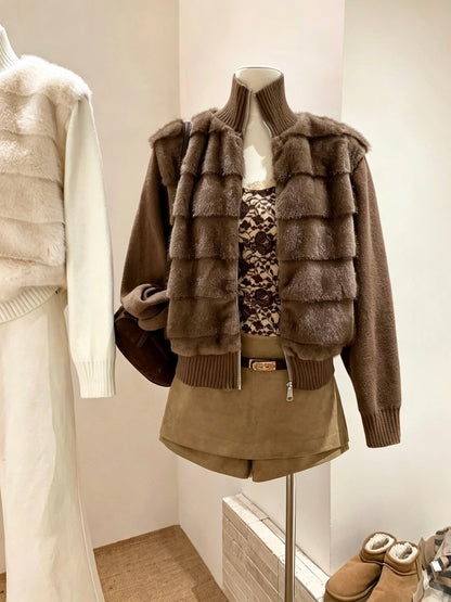 Mannequin wearing brown faux fur knit jacket