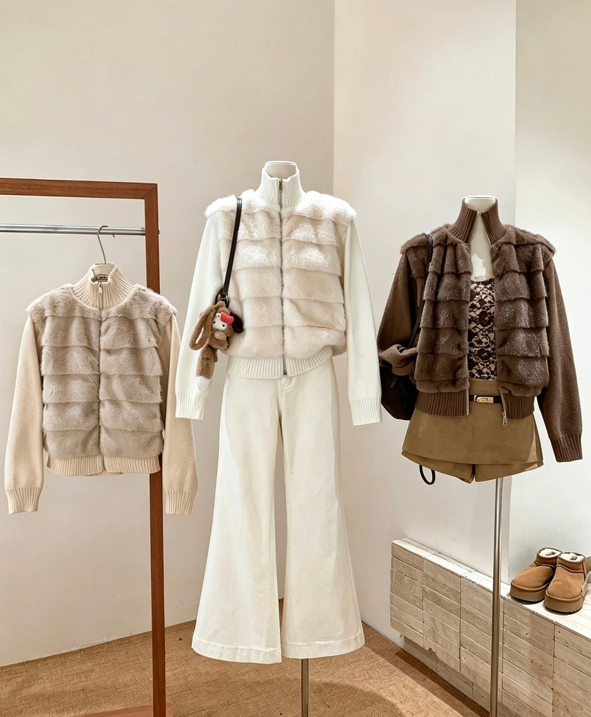 Three mannequins displaying faux fur knit jackets in beige, apricot, and brown