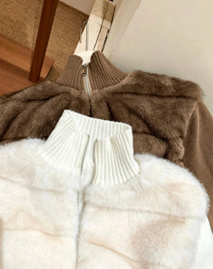 Close-up of apricot and brown faux fur knit jackets collars