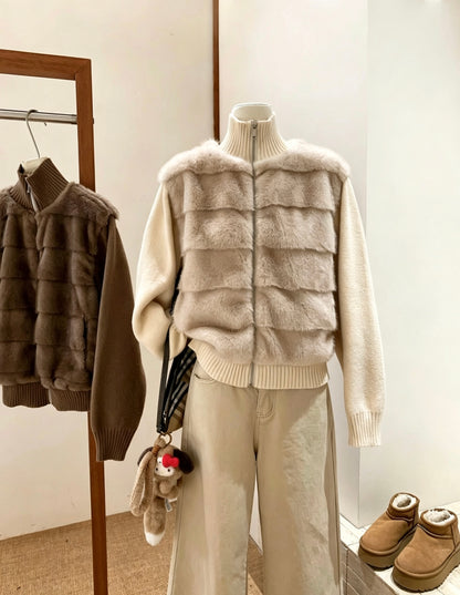 Mannequin wearing beige faux fur knit jacket