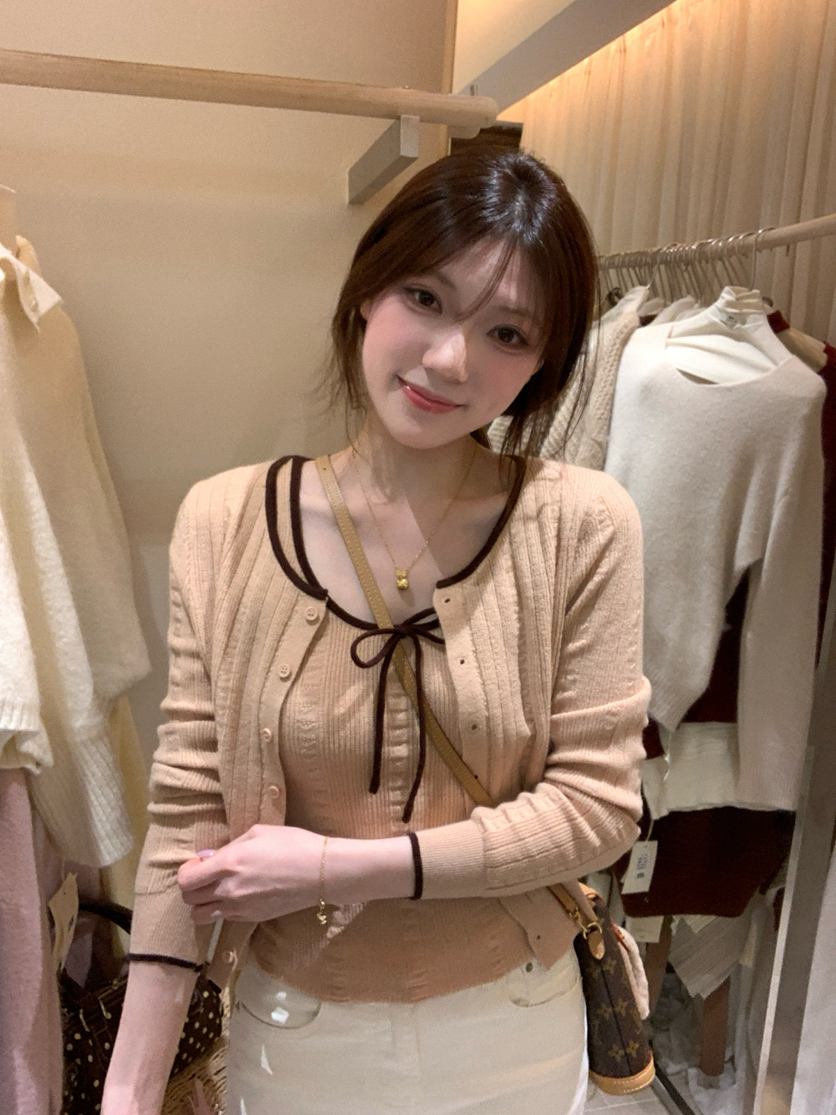 法式蝴蝶結吊帶背心針織開衫套裝