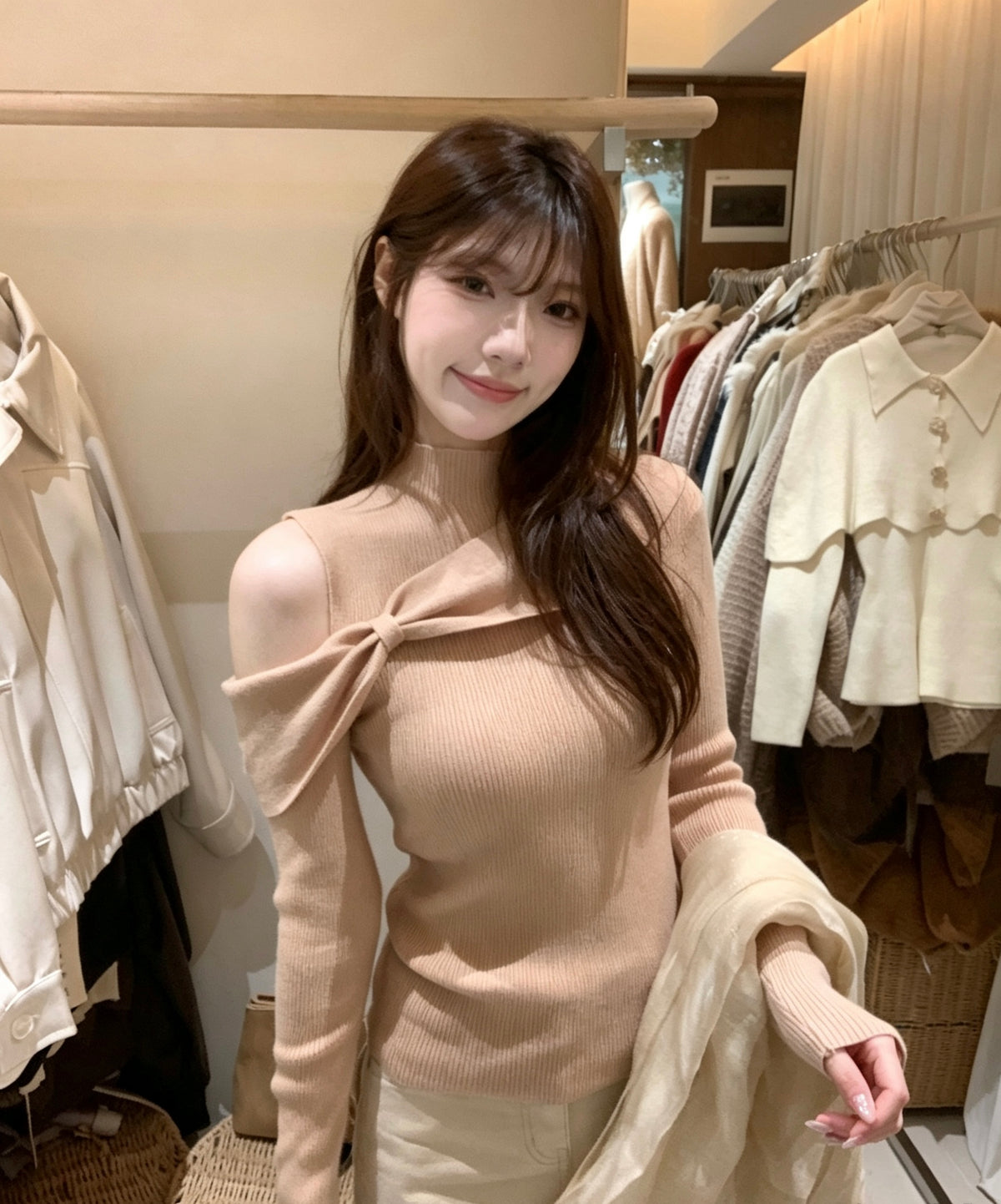 Model wearing orange-pink bow twist cold shoulder knit top, close up