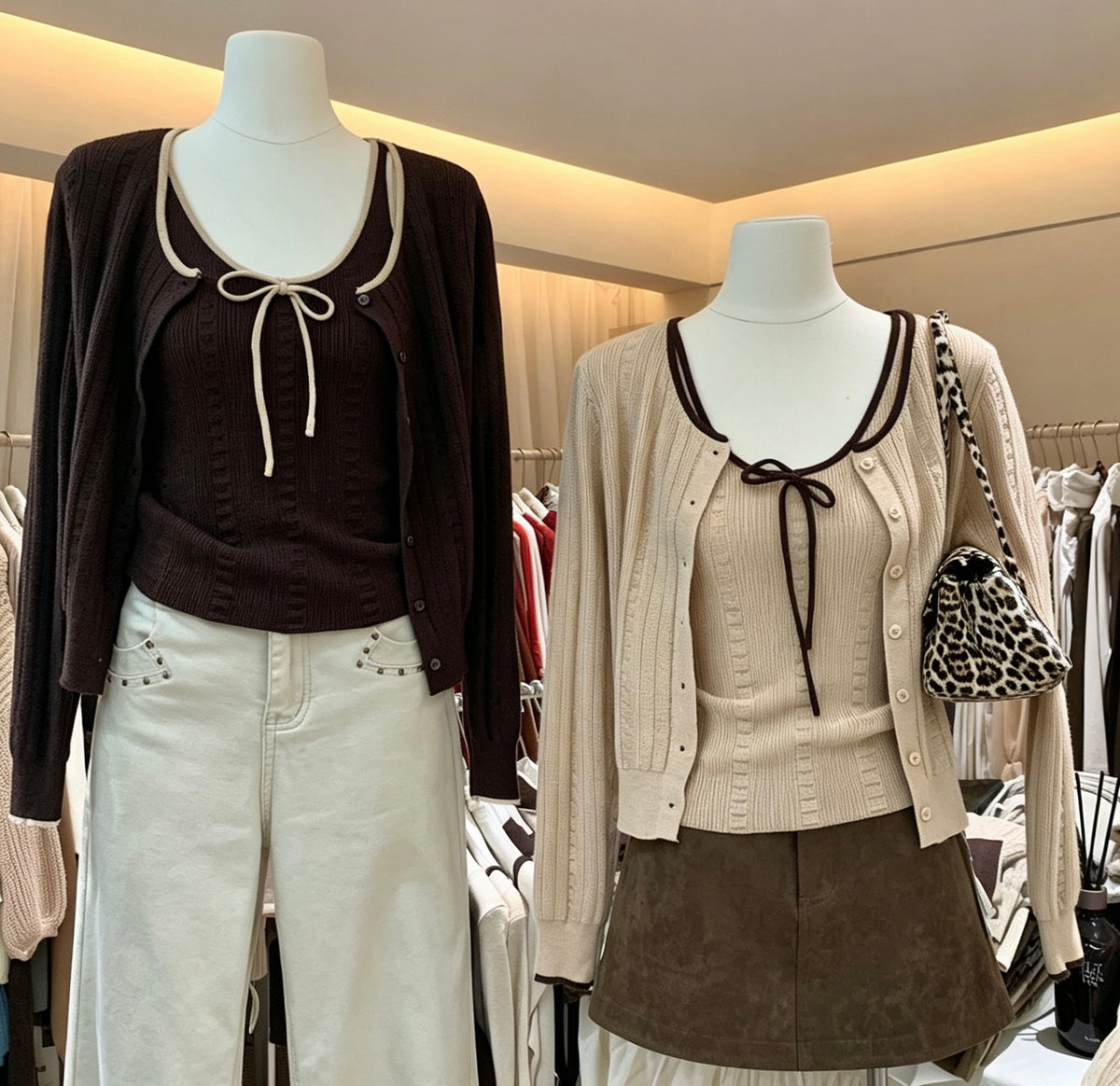 Mannequins displaying coffee and orange-pink knit cardigan sets
