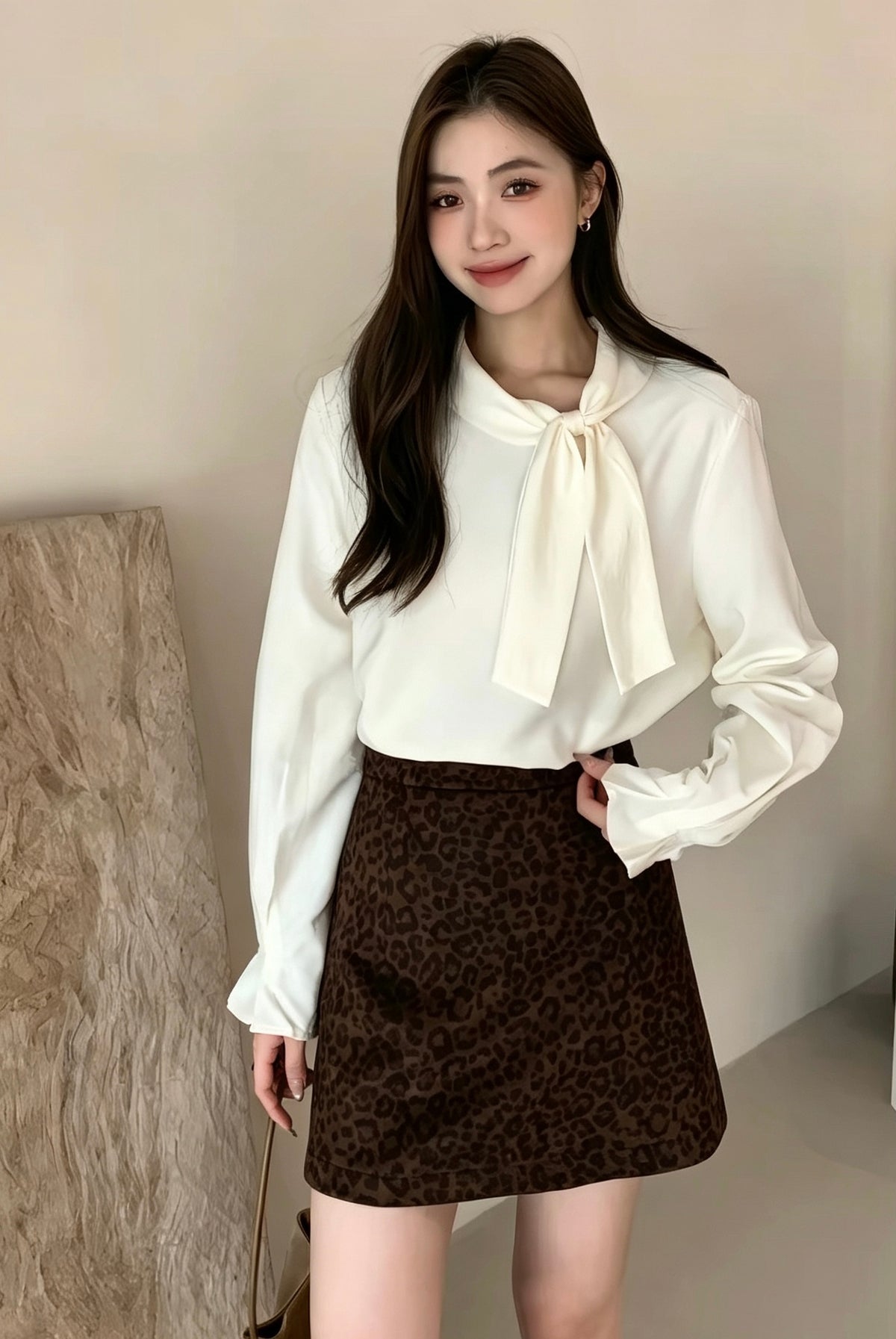 Model wearing light khaki tie-neck long-sleeve shirt