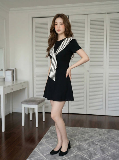 法式條紋披肩連身裙