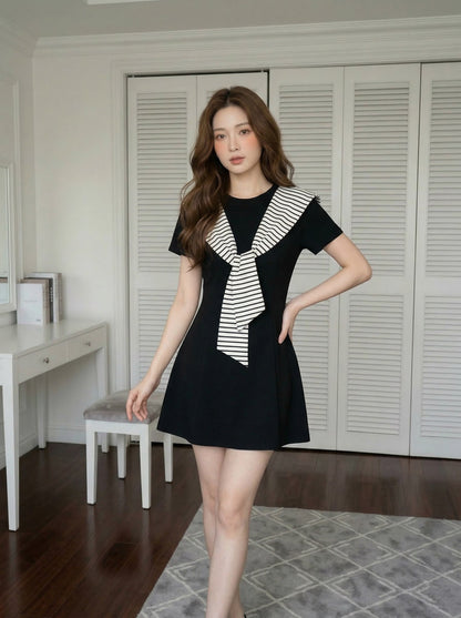 法式條紋披肩連身裙