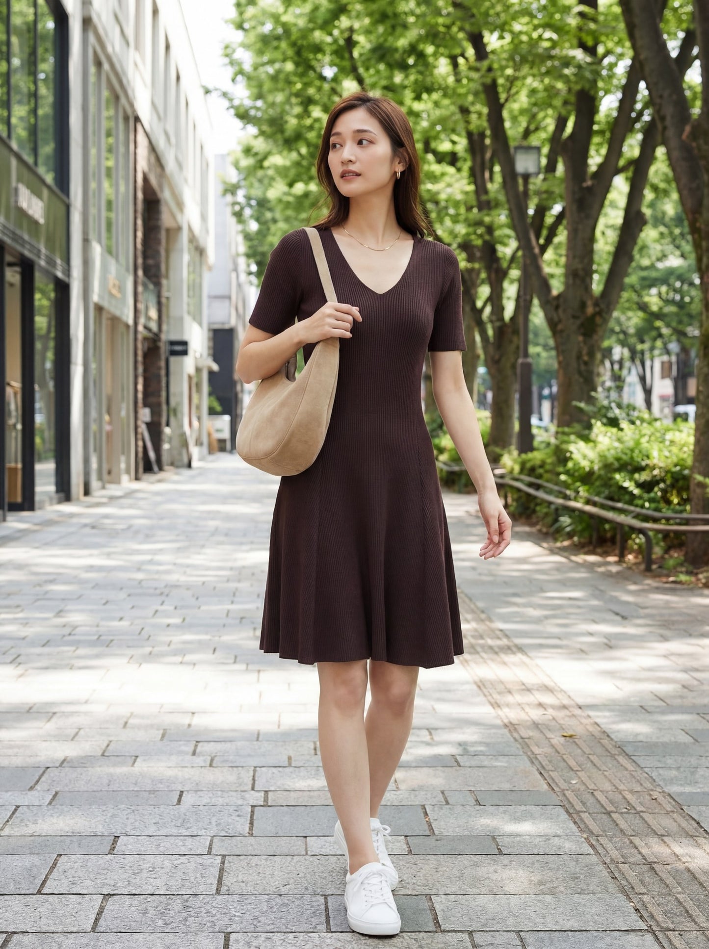 V領短袖針織連身裙