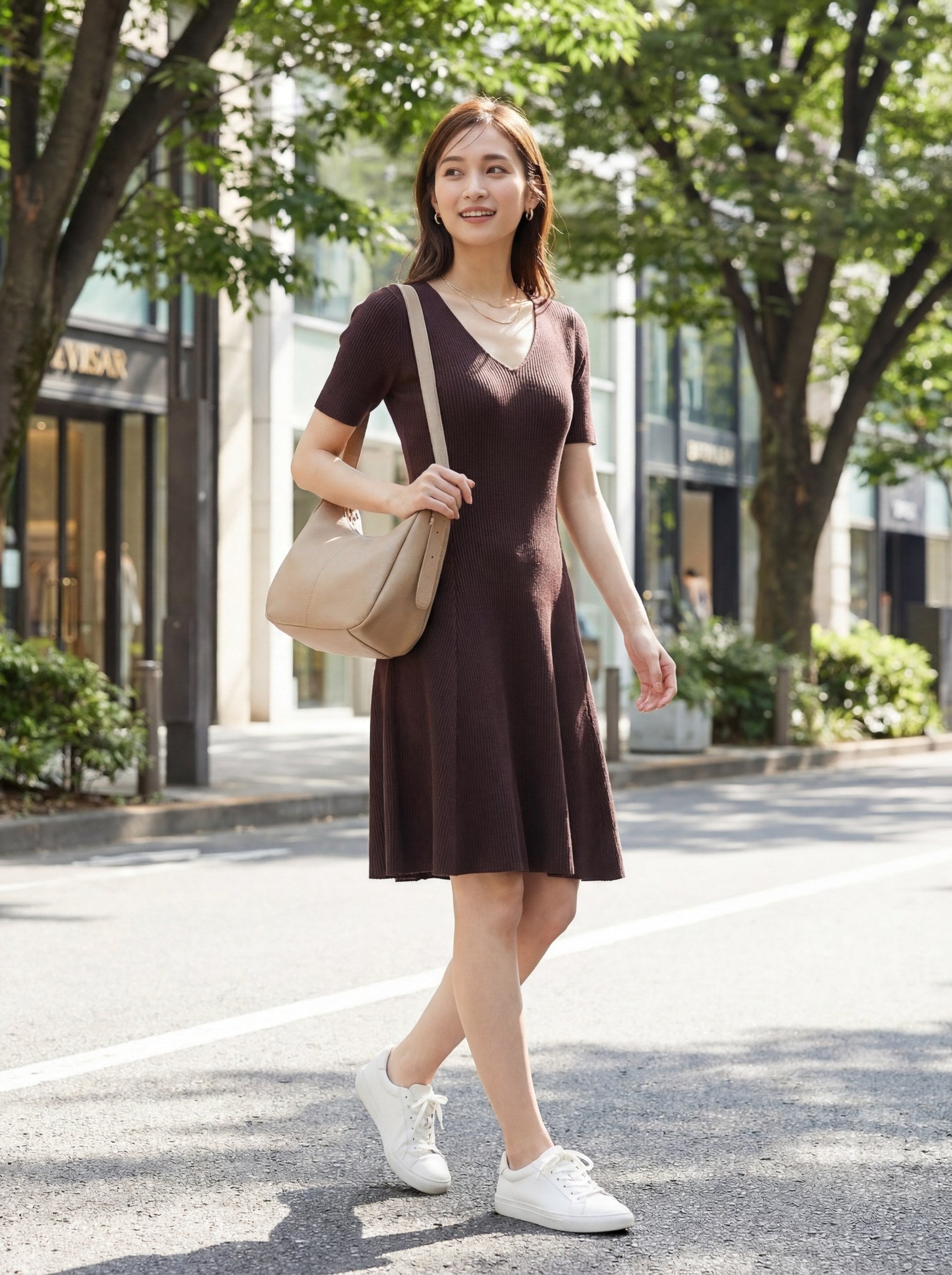 V領短袖針織連身裙