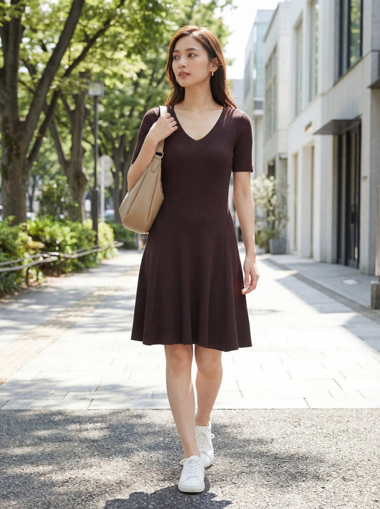 V領短袖針織連身裙