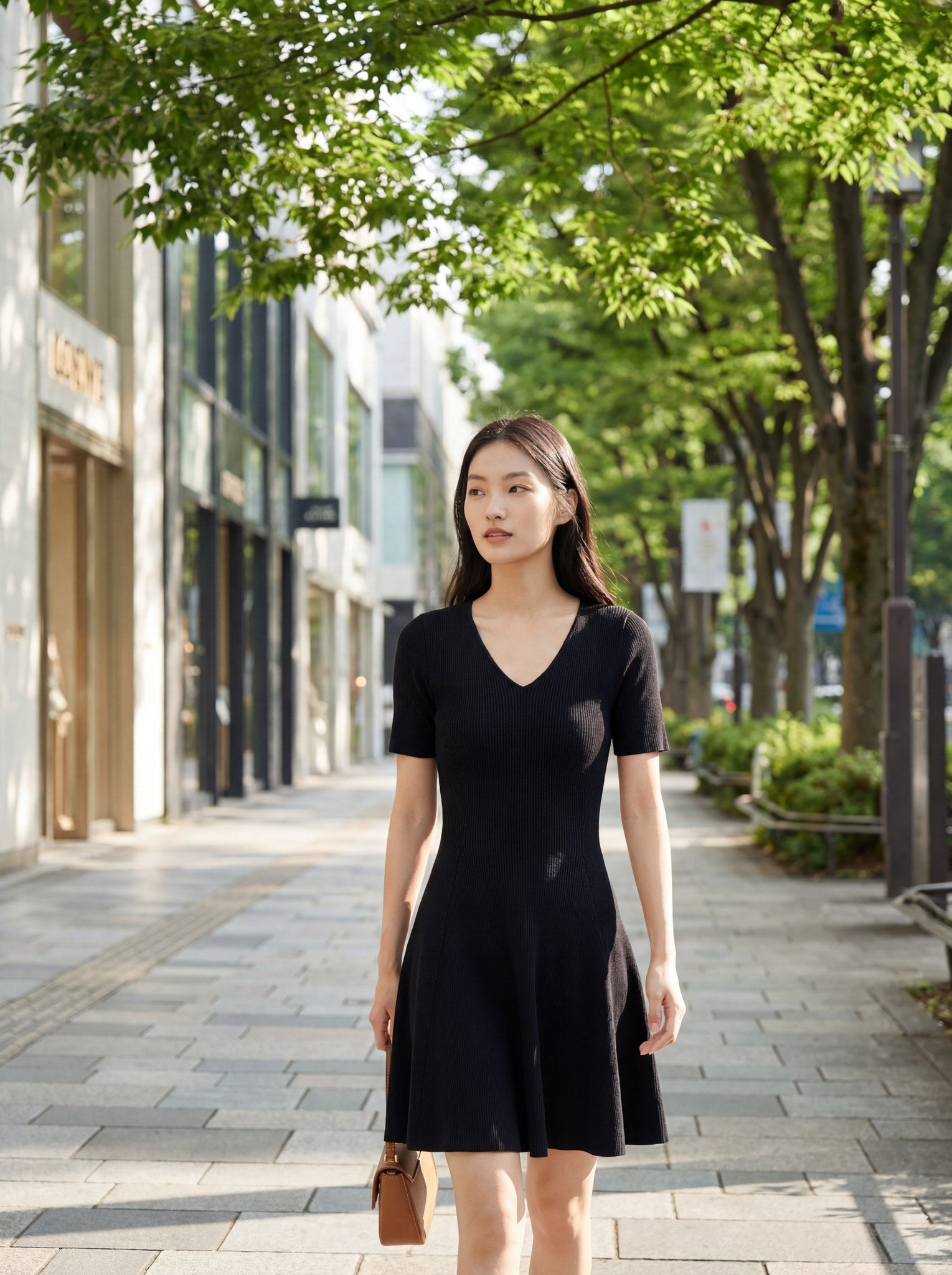 V領短袖針織連身裙