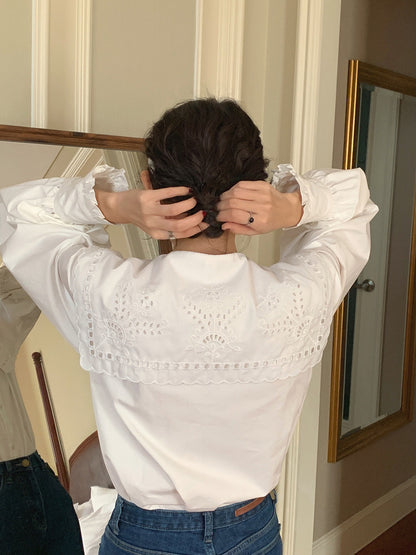French Eyelet Embroidery Large Collar Blouse