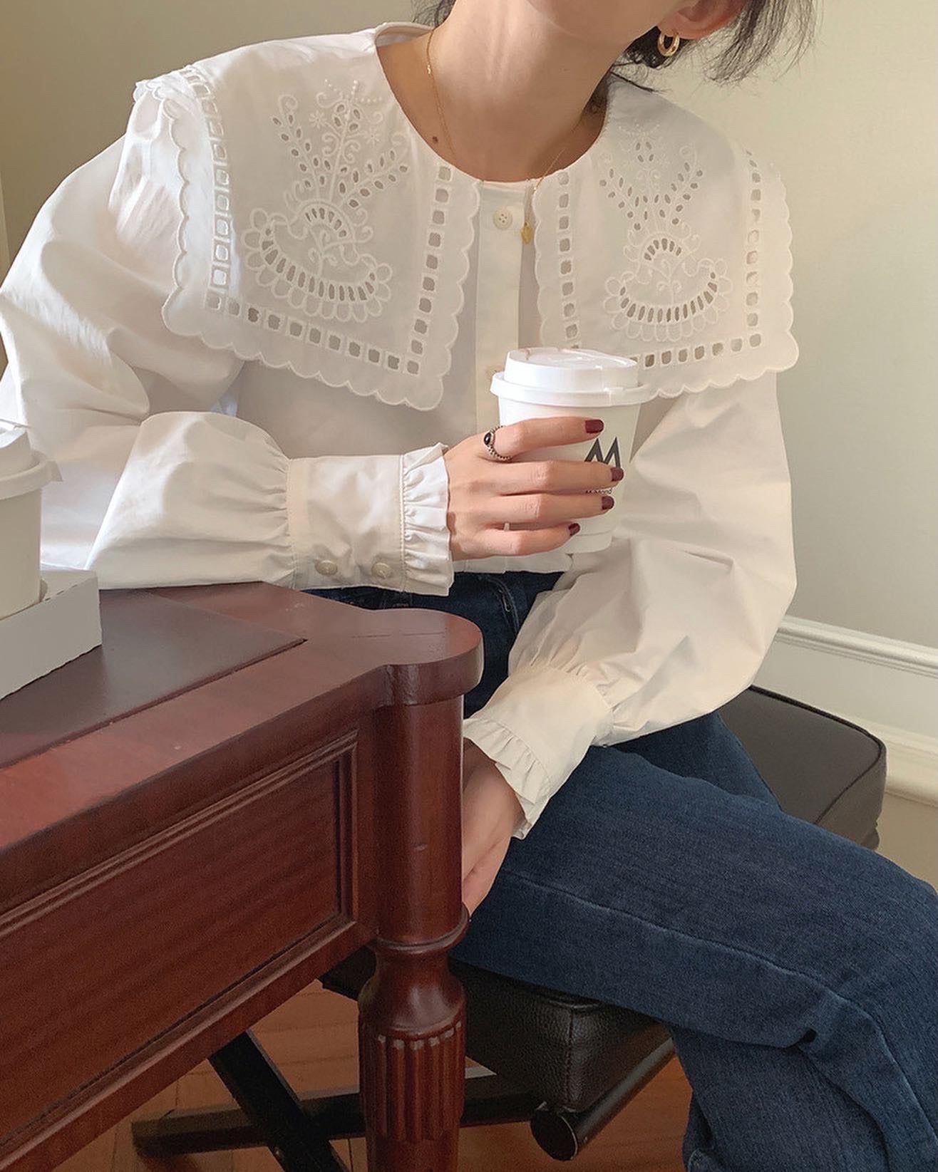 French Eyelet Embroidery Large Collar Blouse