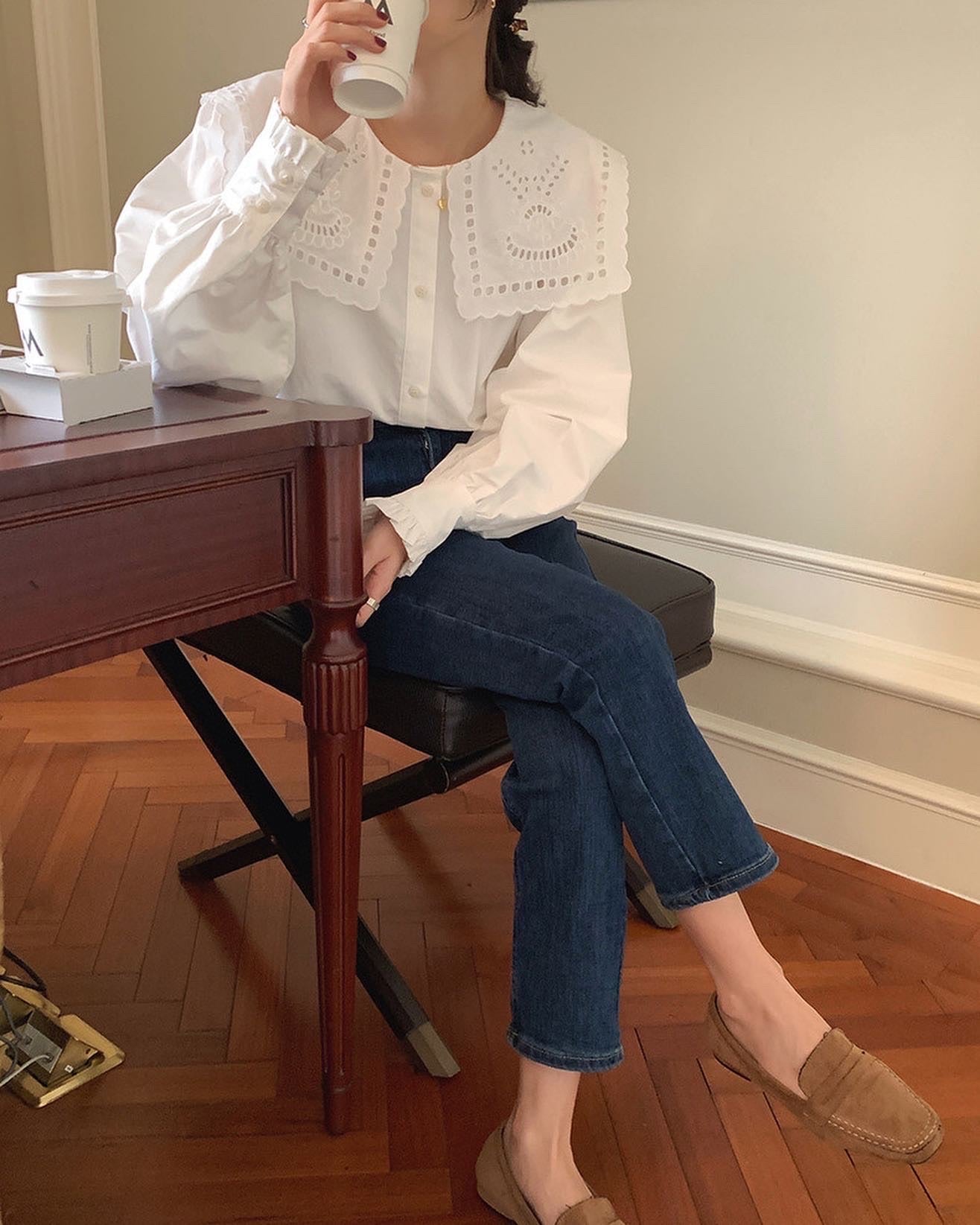 French Eyelet Embroidery Large Collar Blouse