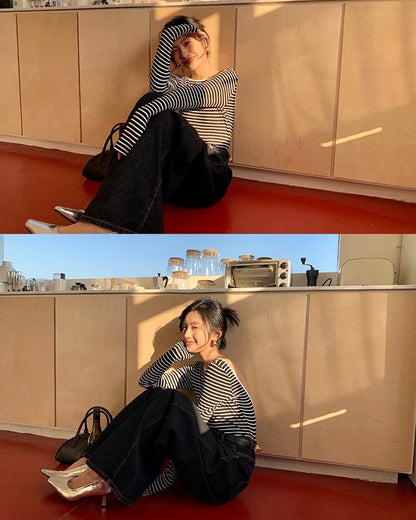 Backless Slim-Fit Striped T-Shirt