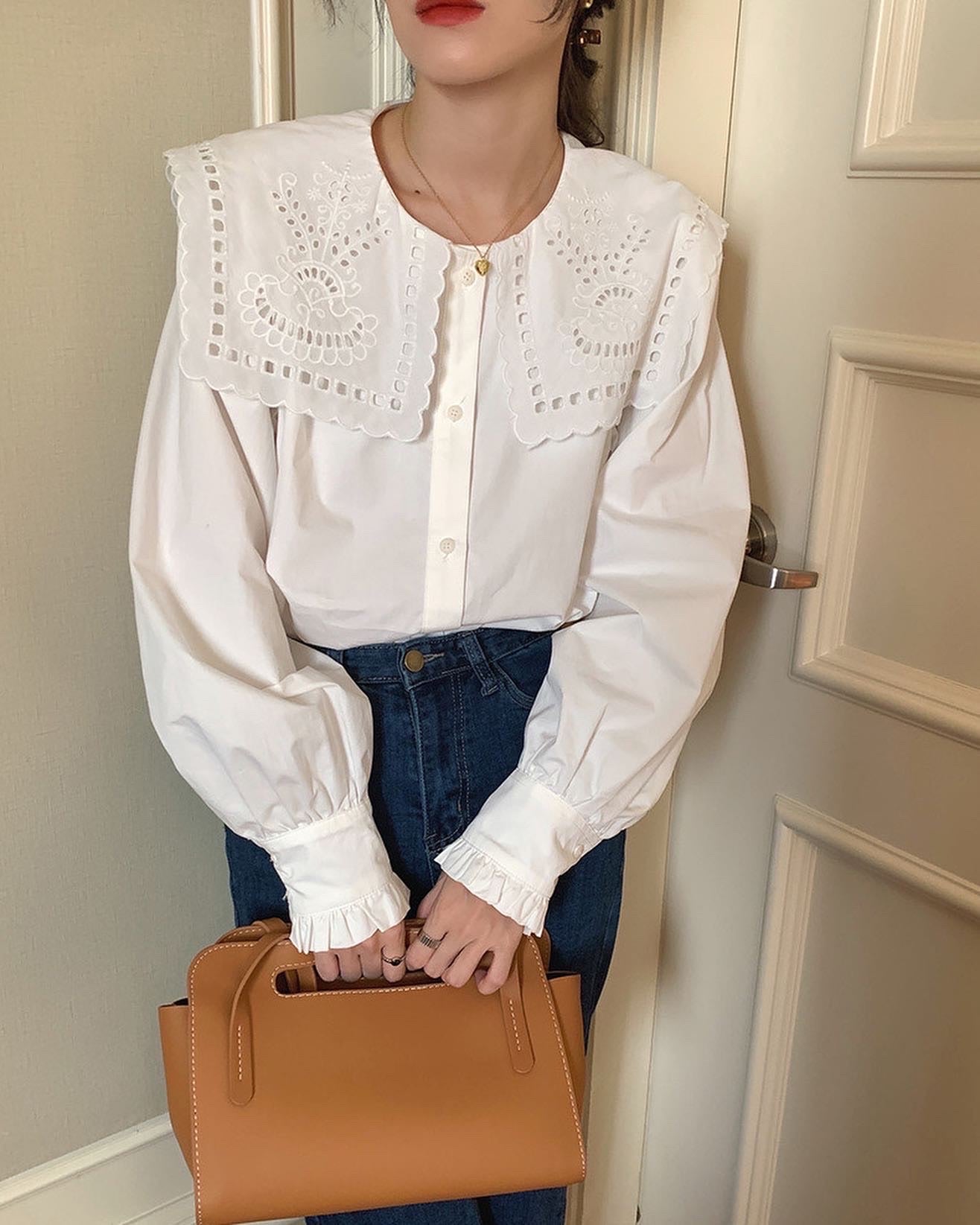 French Eyelet Embroidery Large Collar Blouse