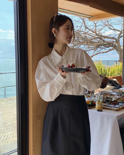 Pearl-embellished Collared Blouse