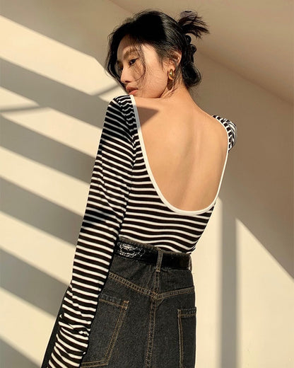 Backless Slim-Fit Striped T-Shirt