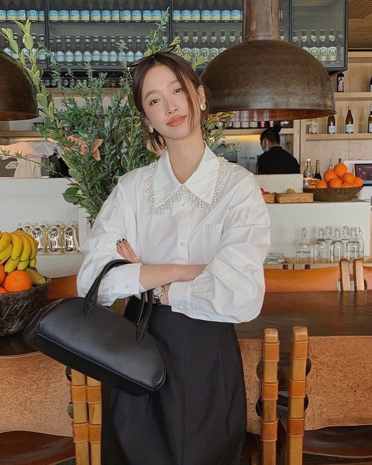 Pearl-embellished Collared Blouse